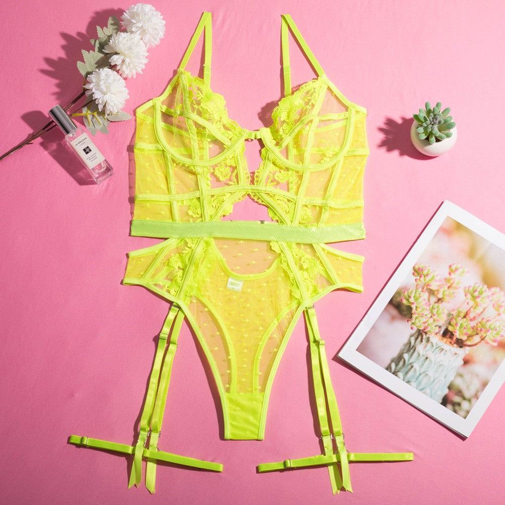 Embroidered Lace Underwire Garter Teddy Bodysuit - Neon Green