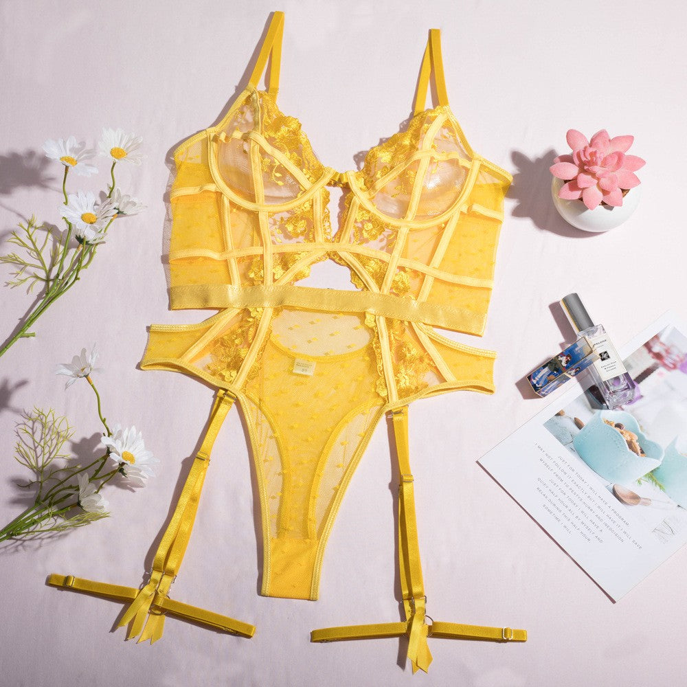 Embroidered Lace Underwire Garter Teddy Bodysuit - Yellow