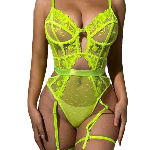 Embroidered Lace Underwire Garter Teddy Bodysuit
