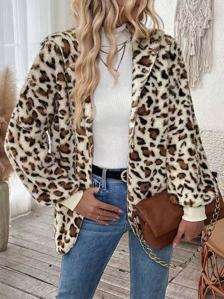 Fluffy Leopard Hooded Teddy Jacket - White