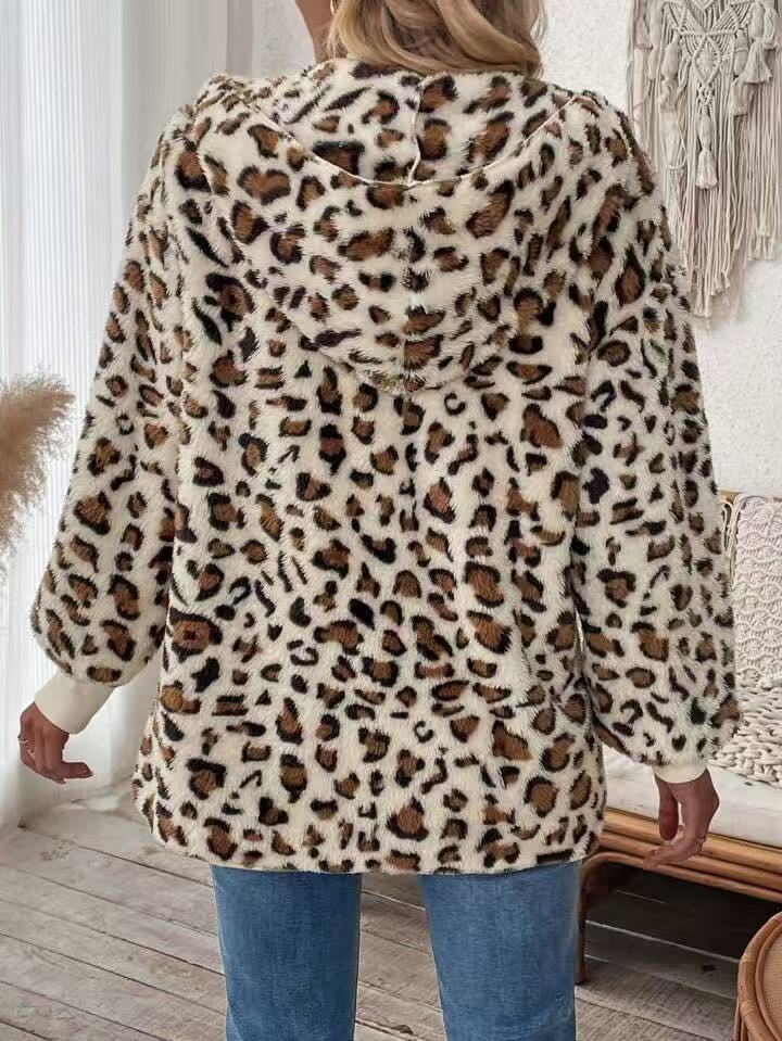 Fluffy Leopard Hooded Teddy Jacket - White - 1