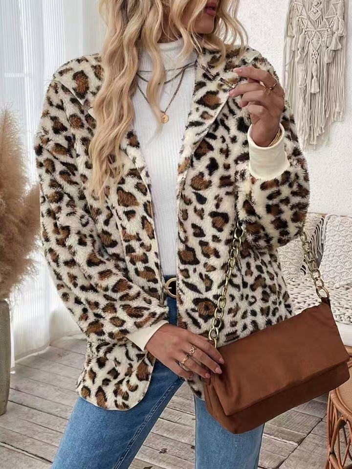 Fluffy Leopard Hooded Teddy Jacket - White - 2