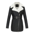 Faux Fur Collar Belted Faux Leather Moto Jacket - Black