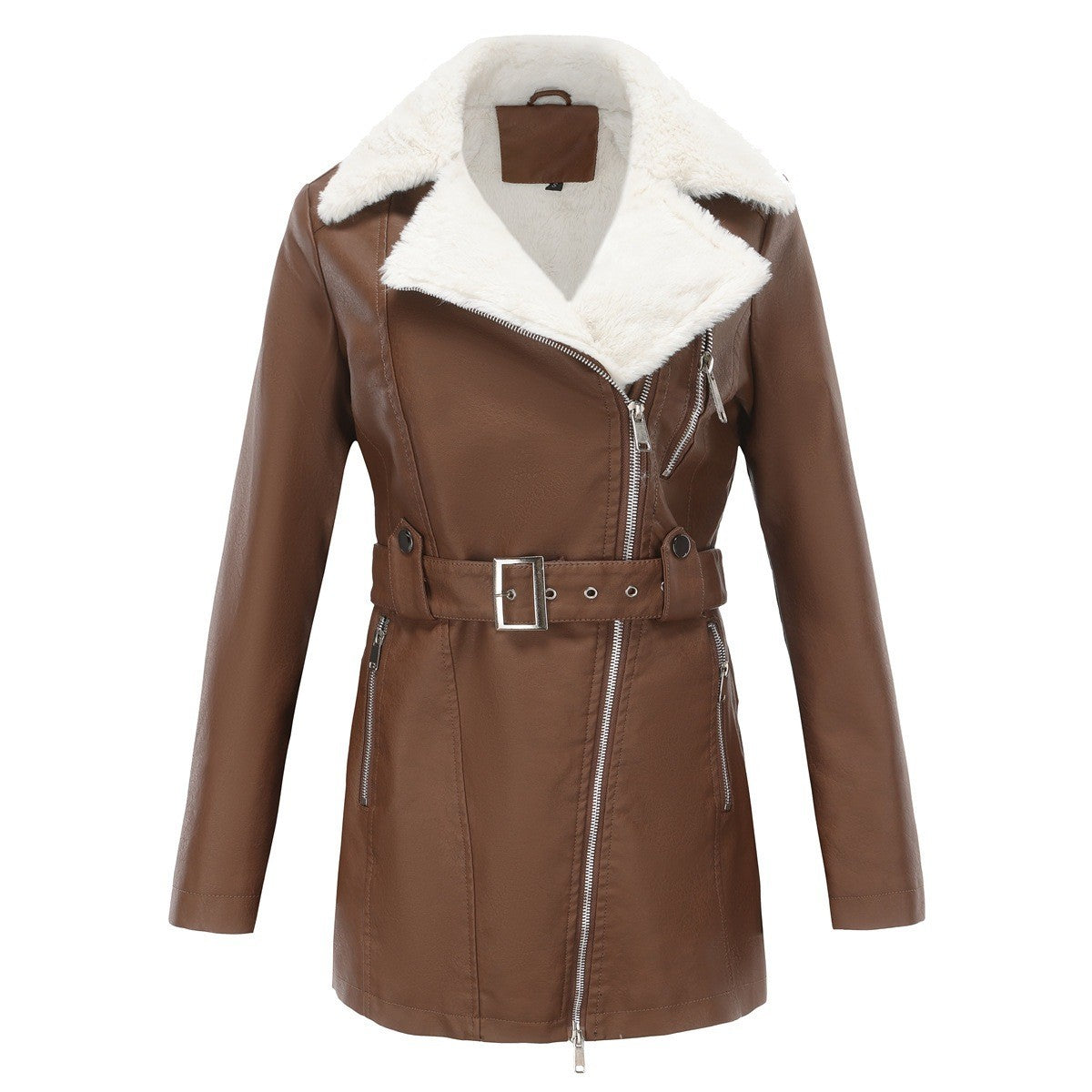 Faux Fur Collar Belted Faux Leather Moto Jacket - Coffee