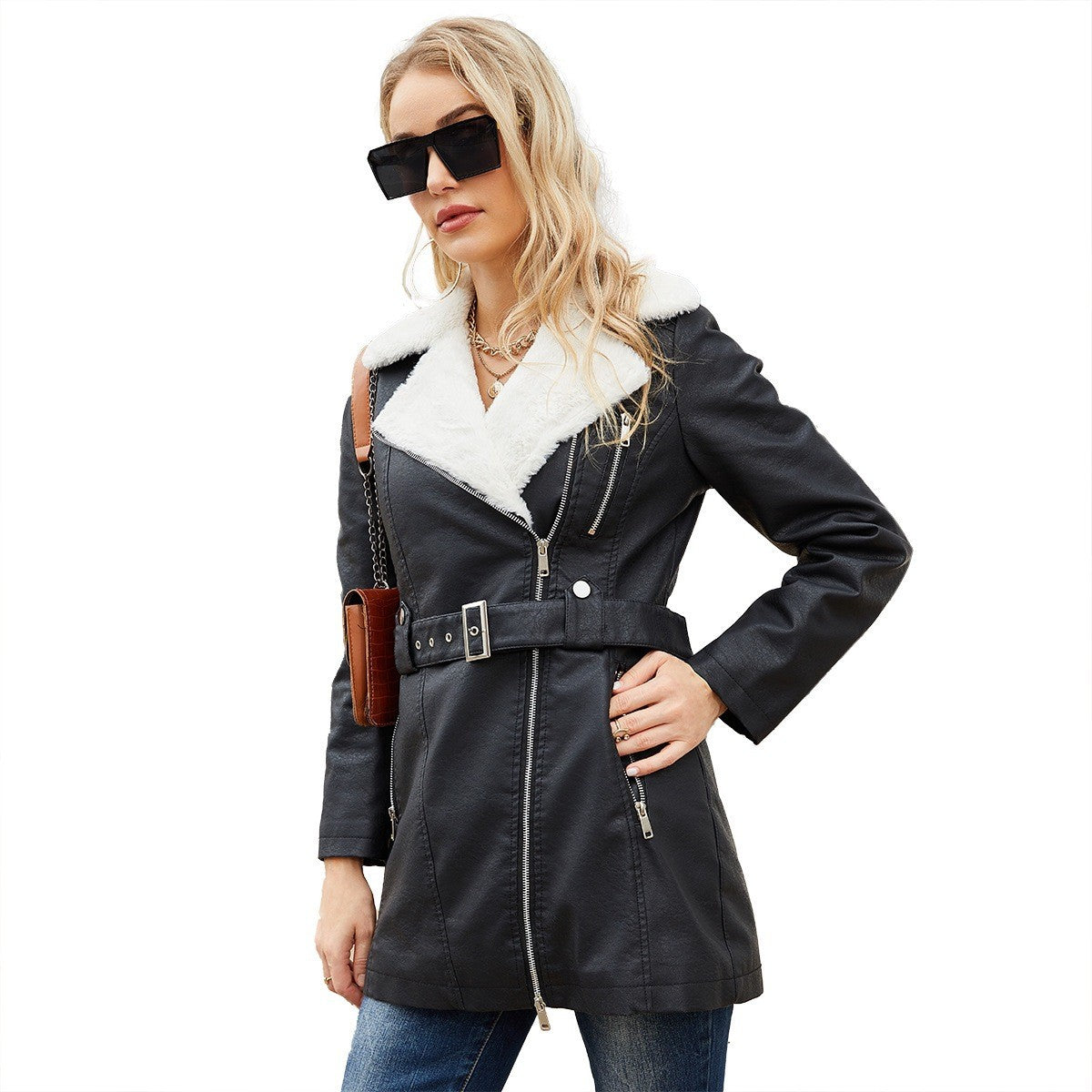 Faux Fur Collar Belted Faux Leather Moto Jacket
