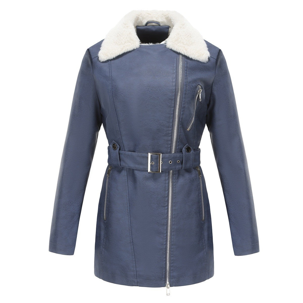 Faux Fur Collar Belted Faux Leather Moto Jacket
