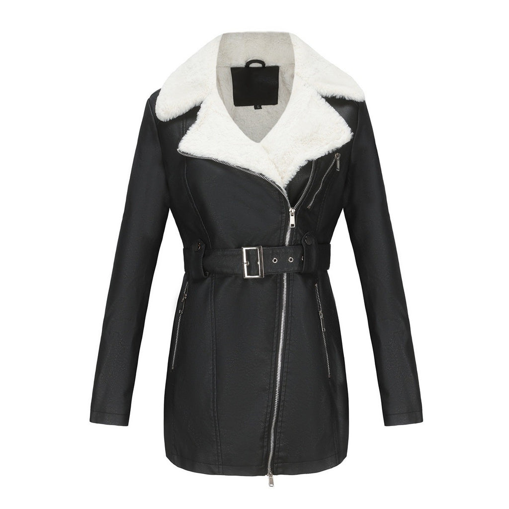 Faux Fur Collar Belted Faux Leather Moto Jacket