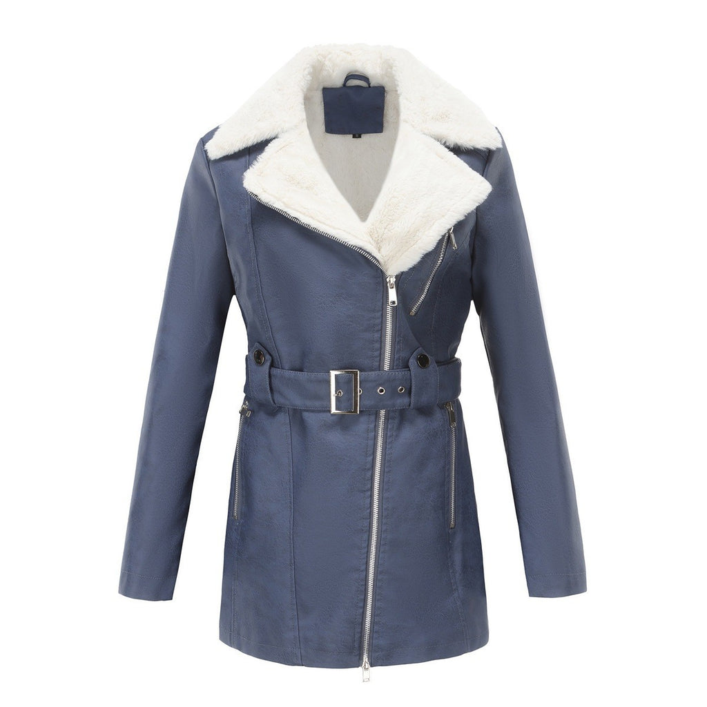 Faux Fur Collar Belted Faux Leather Moto Jacket