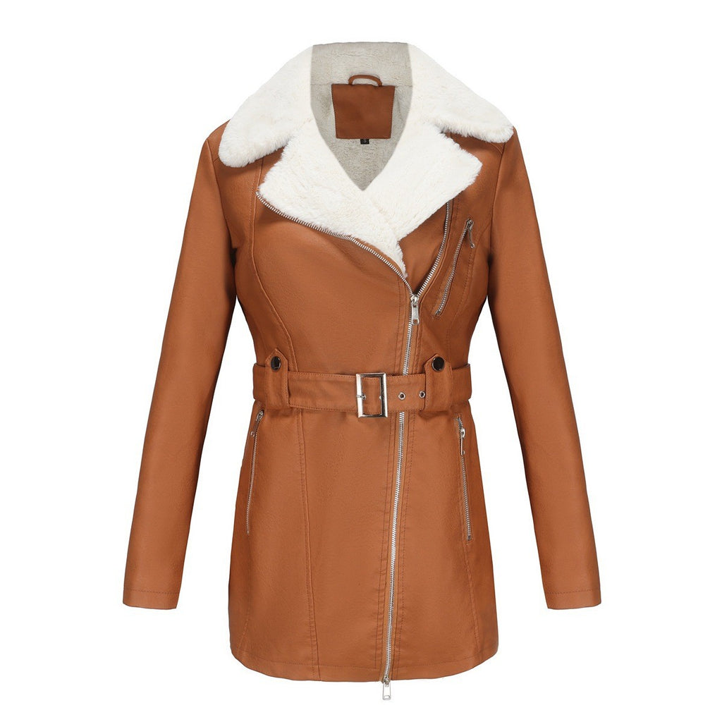 Faux Fur Collar Belted Faux Leather Moto Jacket