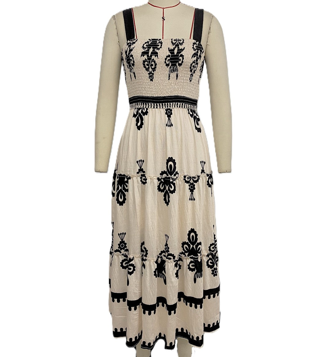 Folk Embroidered Tiered Maxi Dress - Apricot