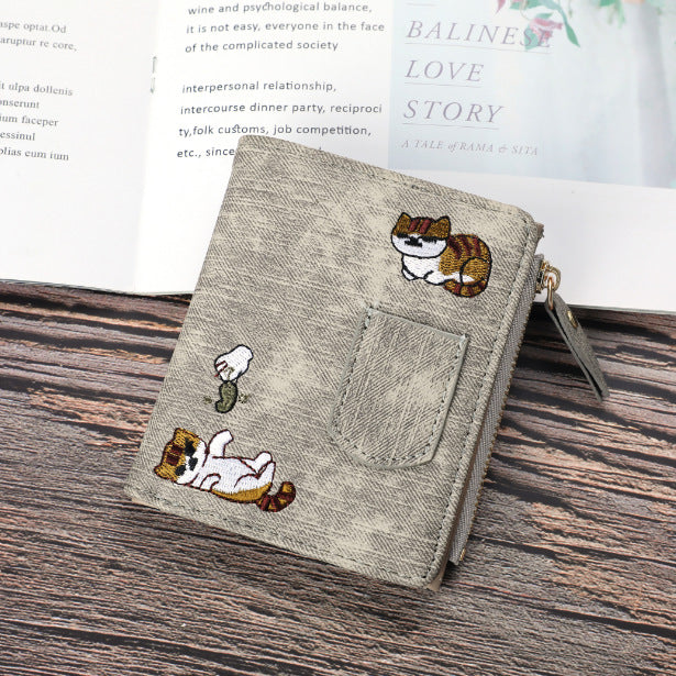 Compact Bifold Wallet With Embroidered Cats - Grey