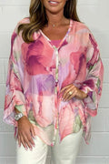 Watercolor Print Sheer Chiffon Tie Hem Shirt - Pink