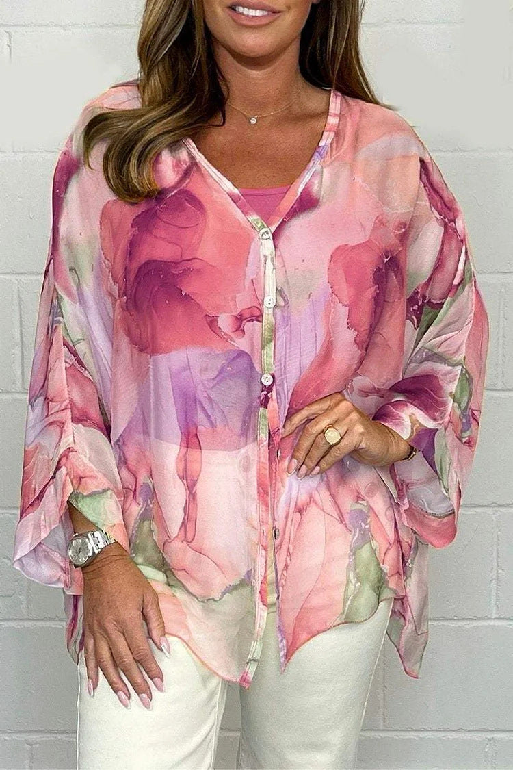 Watercolor Print Sheer Chiffon Tie Hem Shirt - Pink