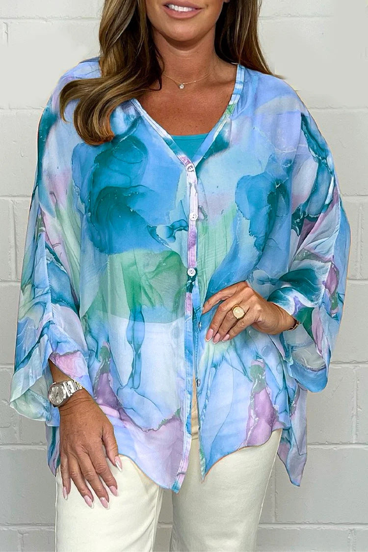 Watercolor Print Sheer Chiffon Tie Hem Shirt - blue