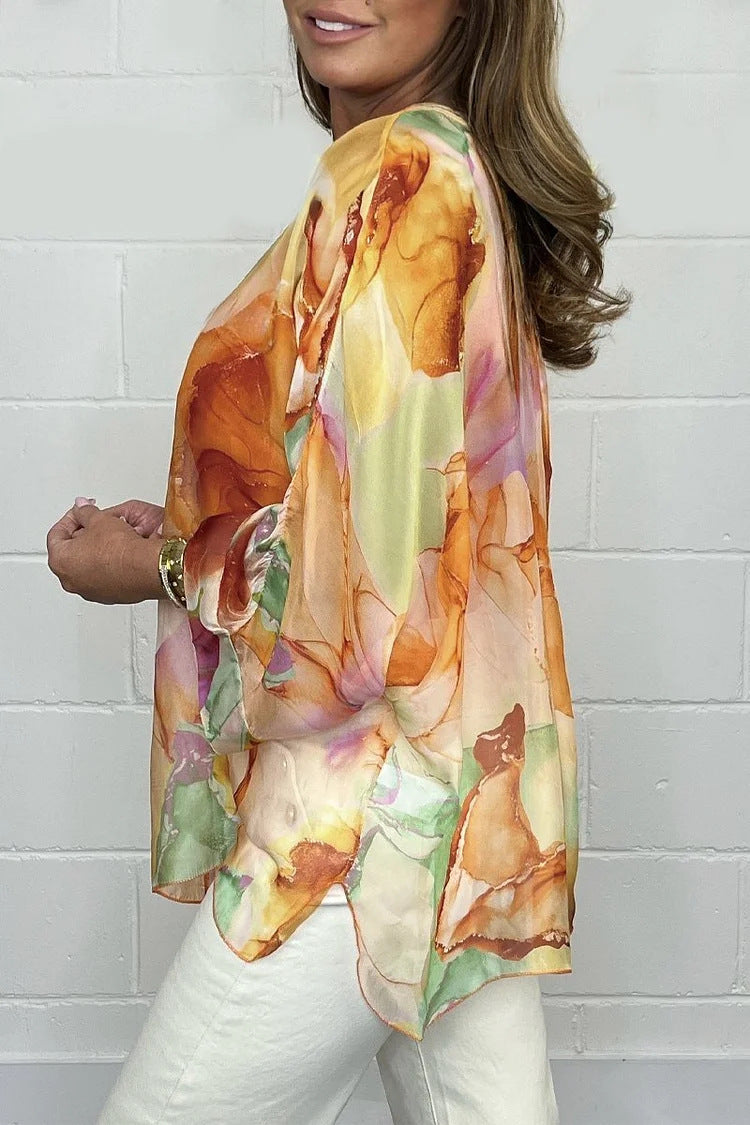 Watercolor Print Sheer Chiffon Tie Hem Shirt