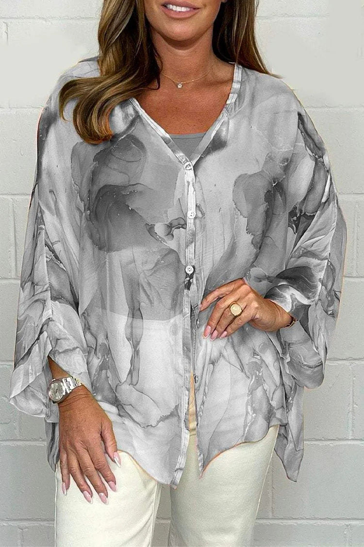 Watercolor Print Sheer Chiffon Tie Hem Shirt - grey