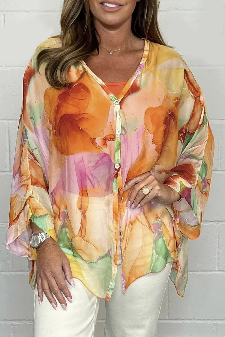 Watercolor Print Sheer Chiffon Tie Hem Shirt - orange
