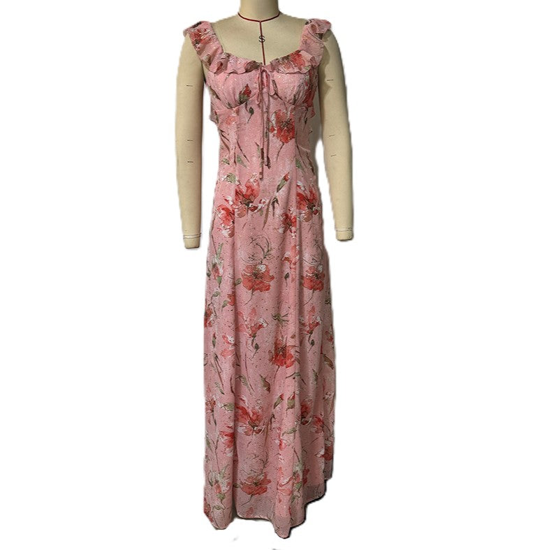 Floral Ruffle Strap Backless Maxi Dress - Pink