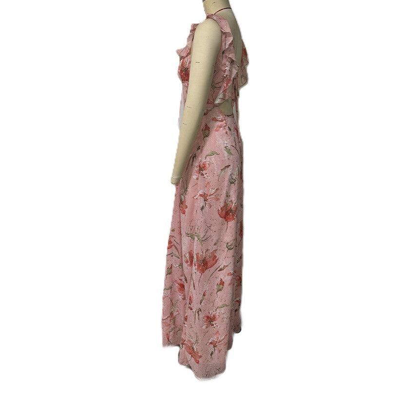 Floral Ruffle Strap Backless Maxi Dress - Pink - 1
