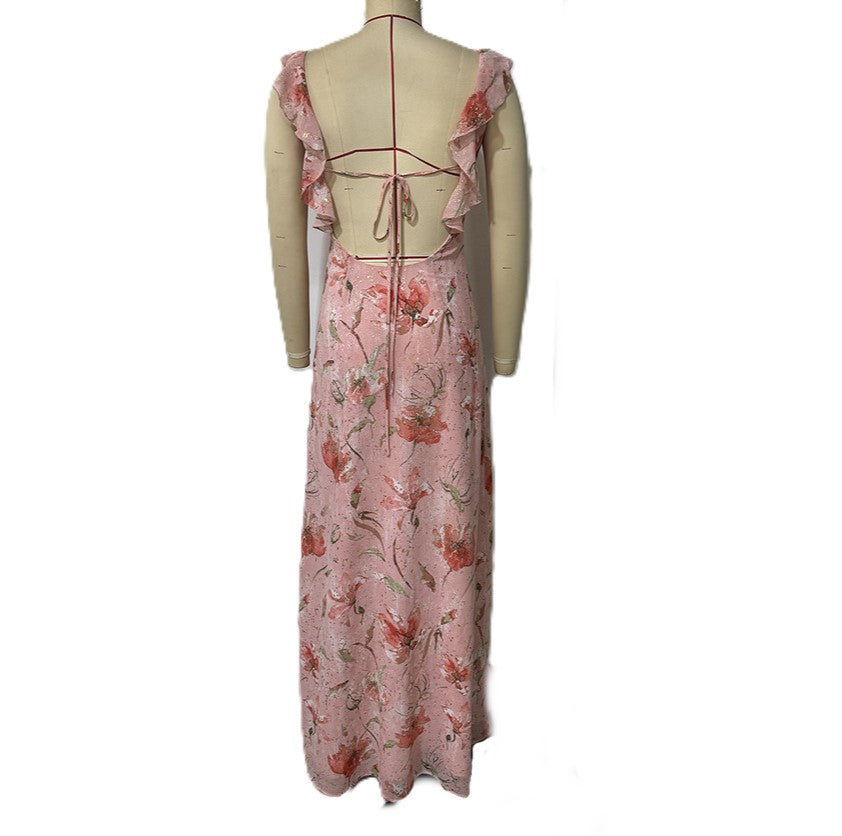 Floral Ruffle Strap Backless Maxi Dress - Pink - 2