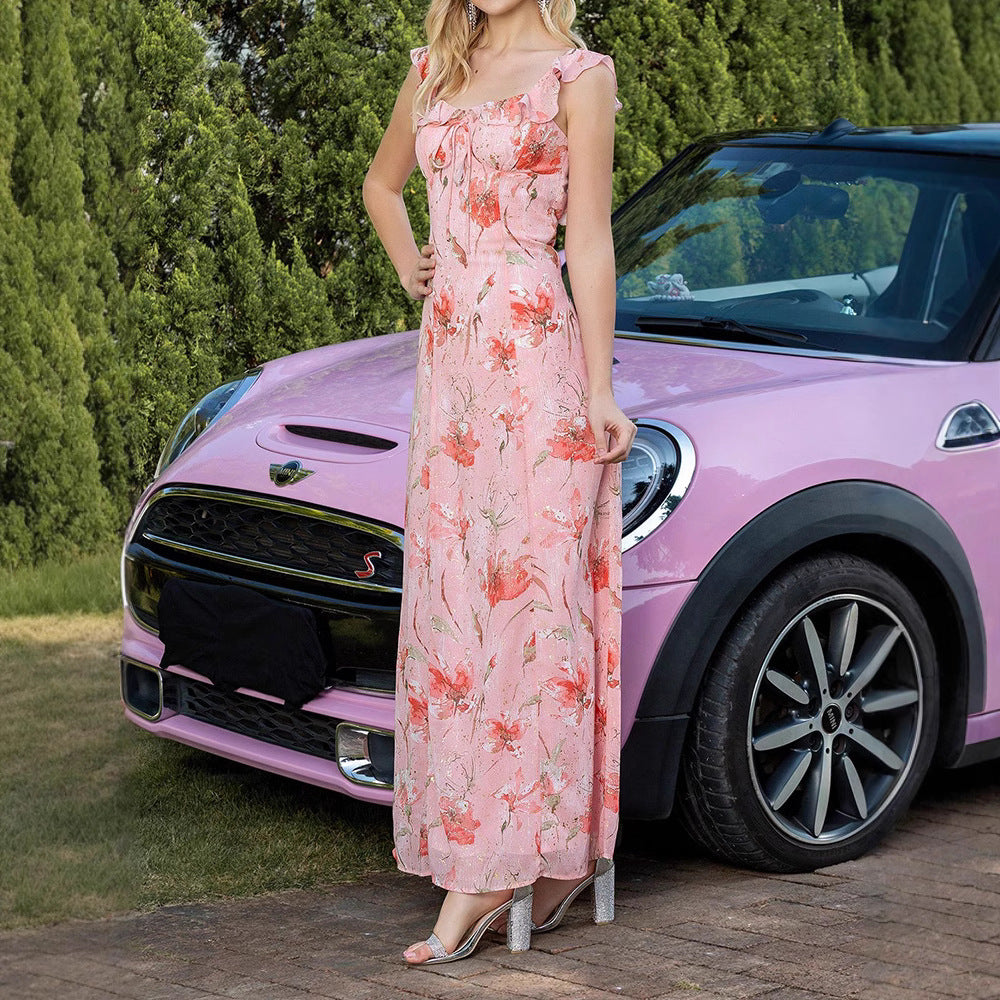 Floral Ruffle Strap Backless Maxi Dress - Pink - 4