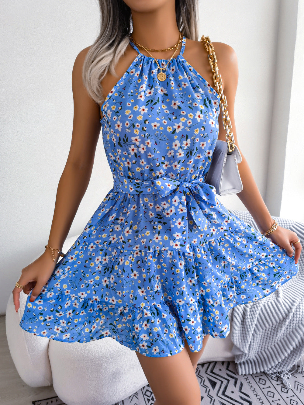 Ditsy Floral Halter Neck Ruffle Mini Dress
