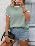 Scalloped Contrast Trim Knit Short Sleeve Top - Green