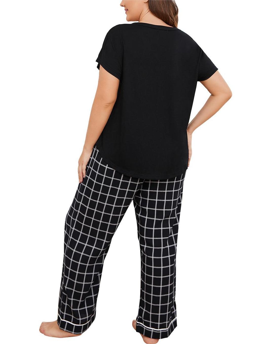 Plus Size Plaid Pajama Pants Set - Black