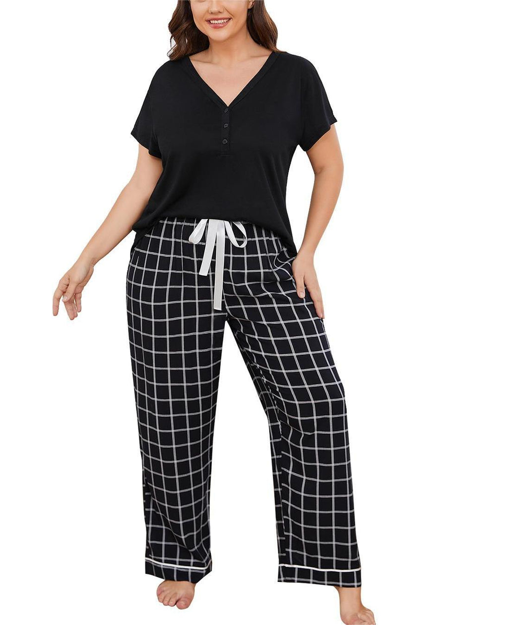 Plus Size Plaid Pajama Pants Set - Black - 1