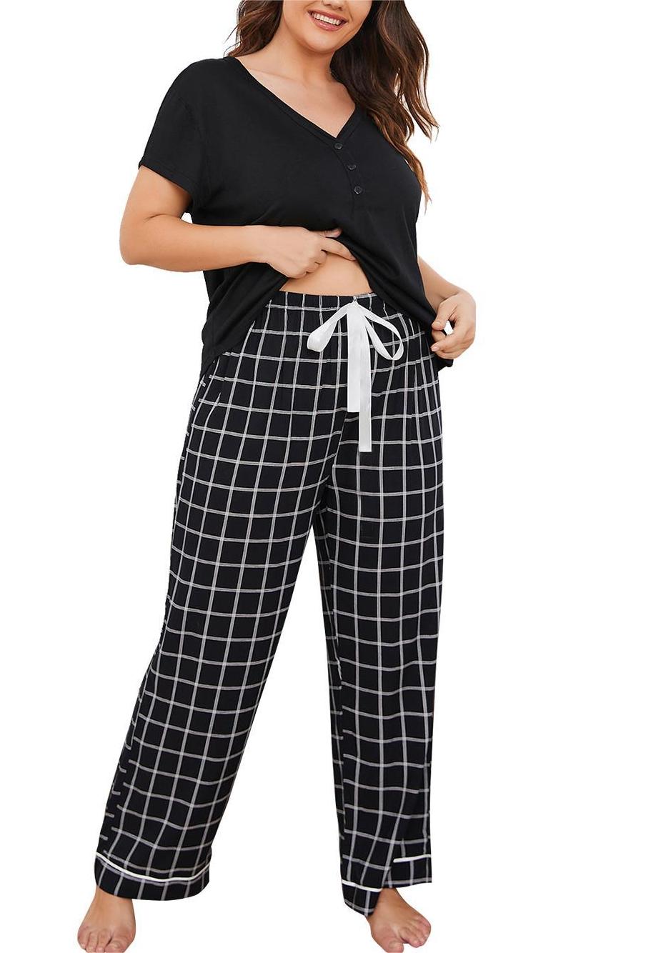 Plus Size Plaid Pajama Pants Set - Black - 2
