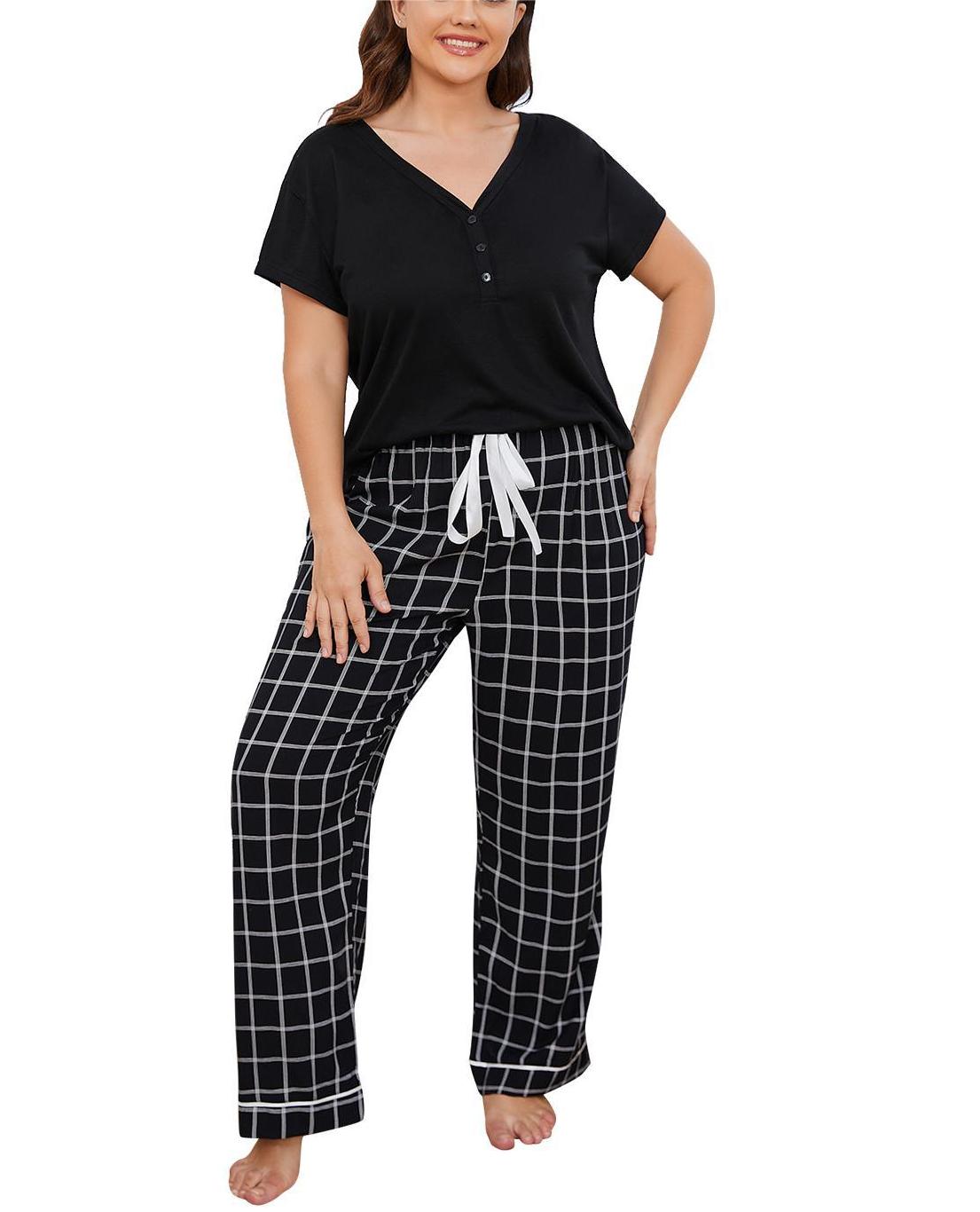 Plus Size Plaid Pajama Pants Set - Black - 3