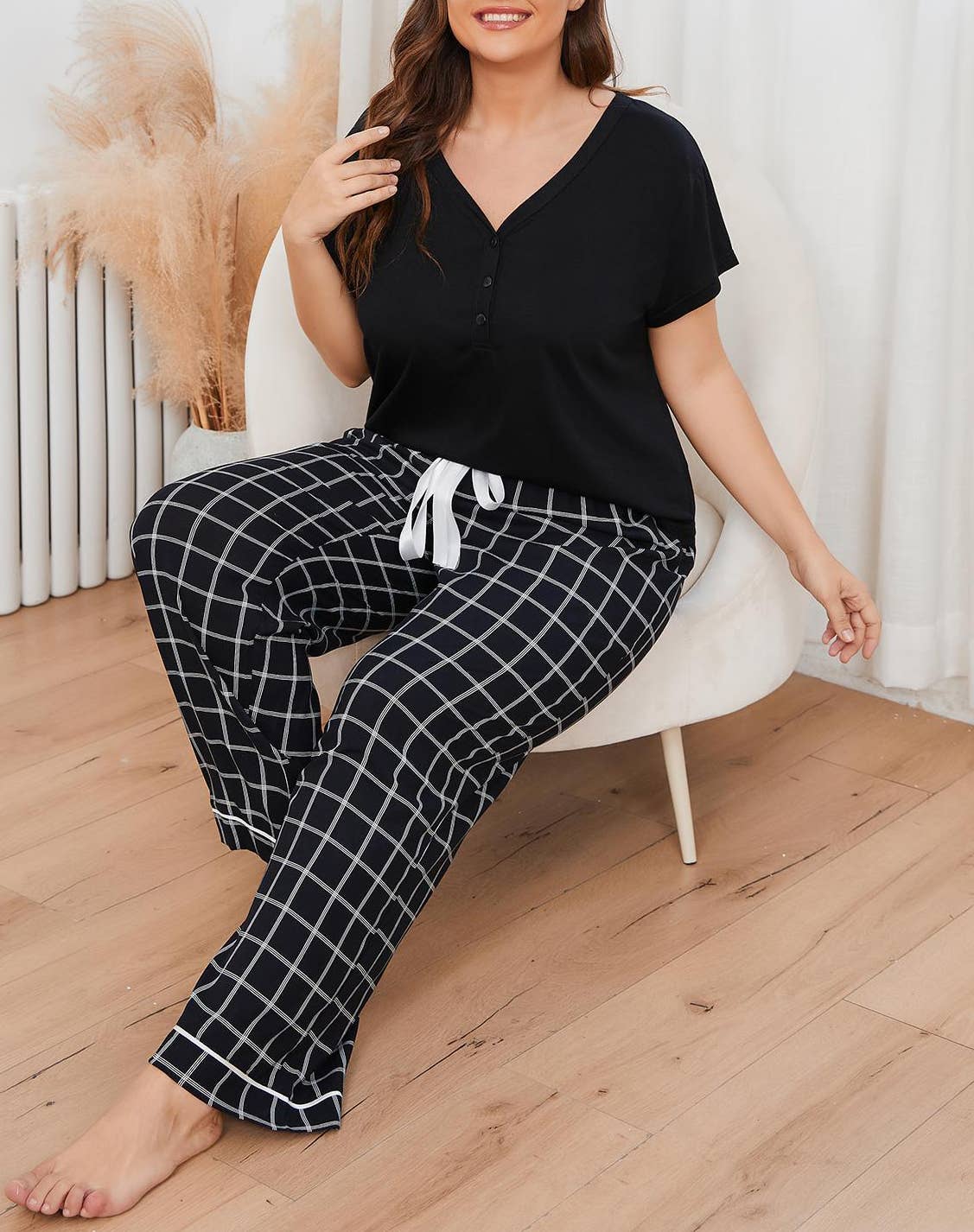 Plus Size Plaid Pajama Pants Set