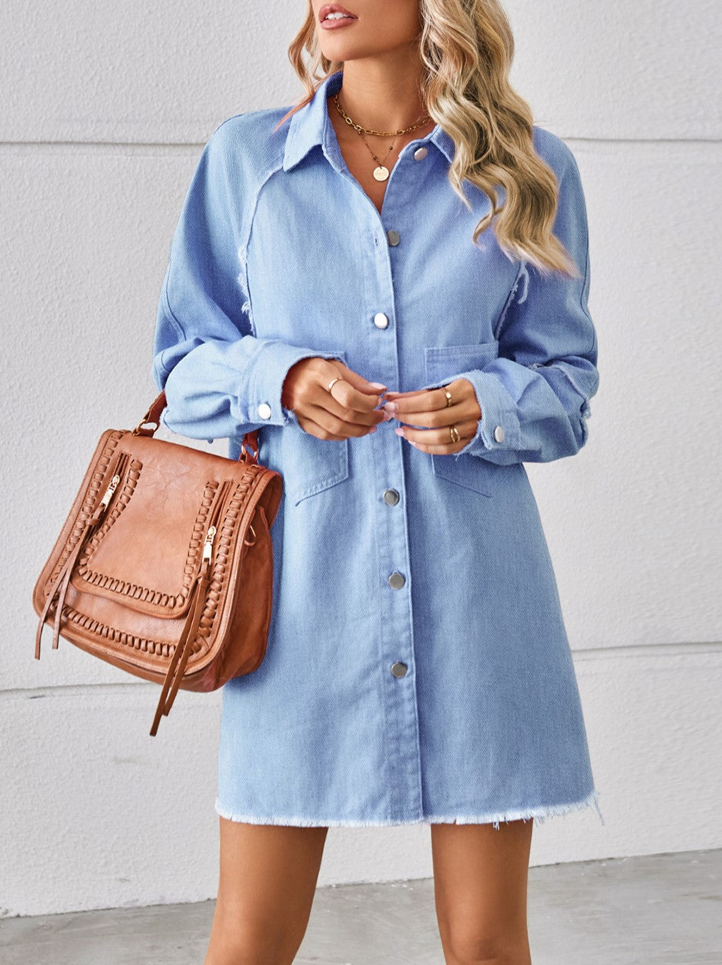Raw Hem Long Sleeve Denim Shirt Dress - Blue