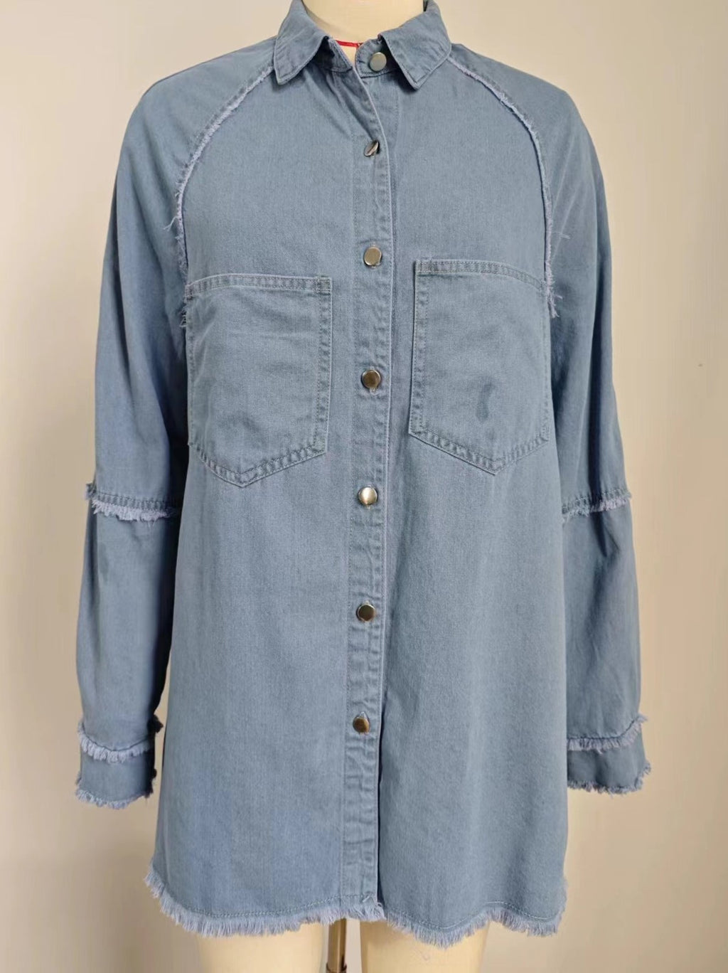 Raw Hem Long Sleeve Denim Shirt Dress - Blue - 2