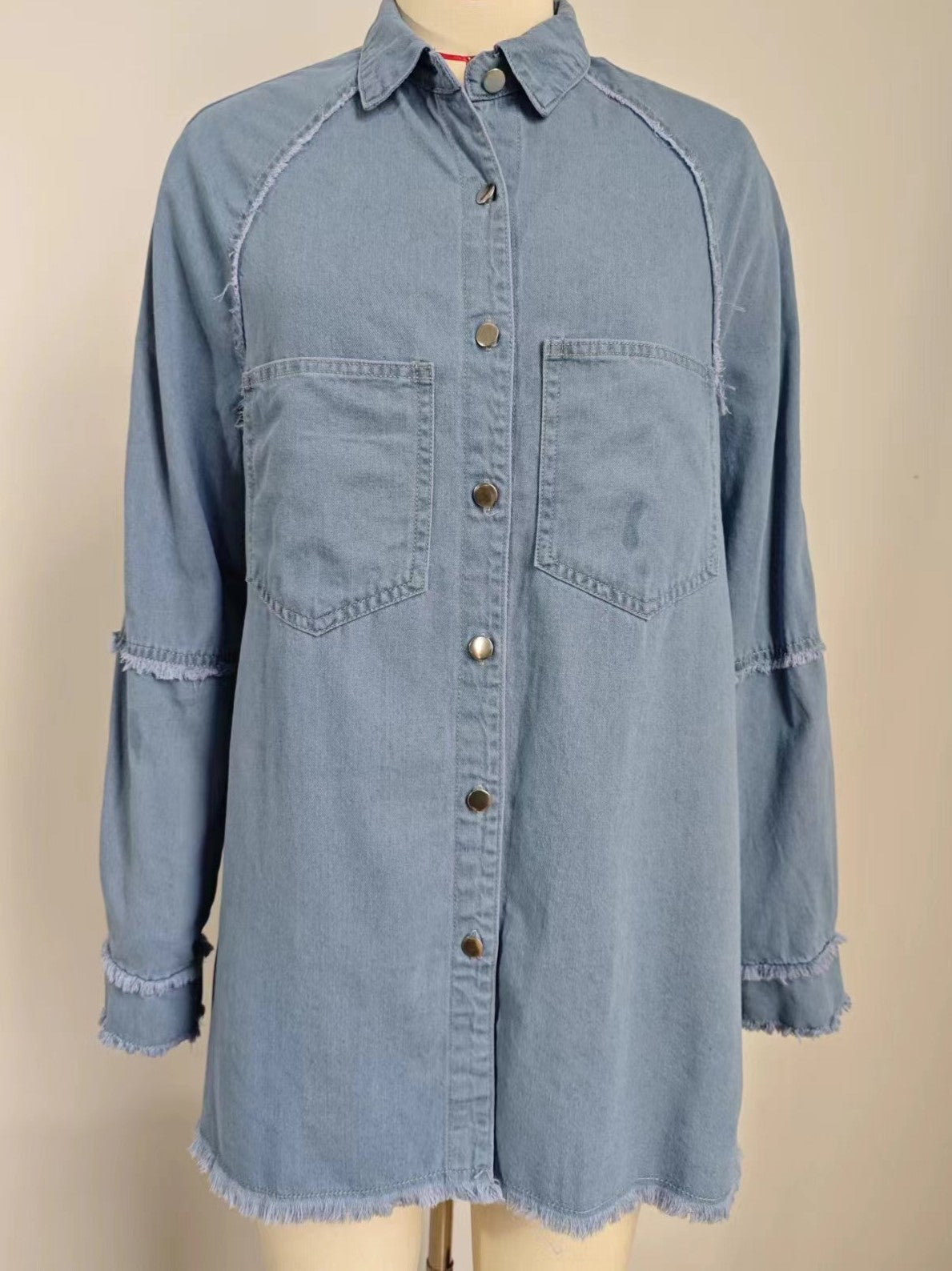 Raw Hem Long Sleeve Denim Shirt Dress - Blue - 2