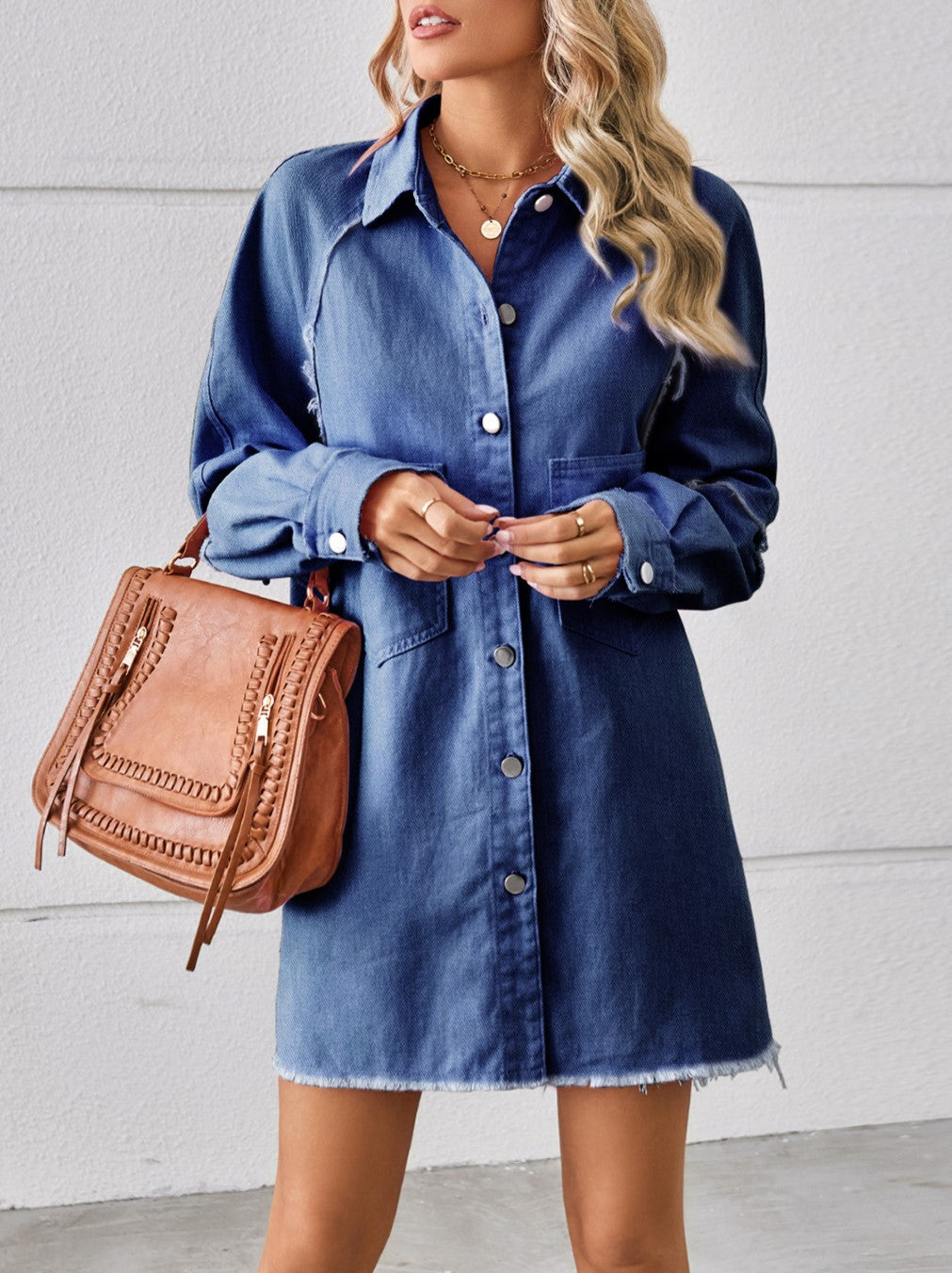 Raw Hem Long Sleeve Denim Shirt Dress - DarkBlue