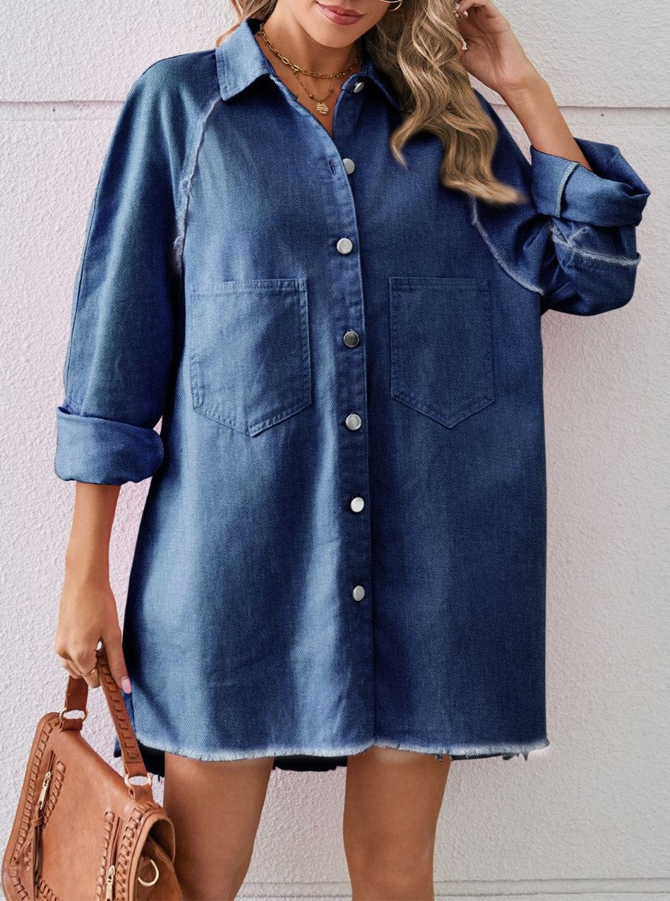 Raw Hem Long Sleeve Denim Shirt Dress - DarkBlue - 1