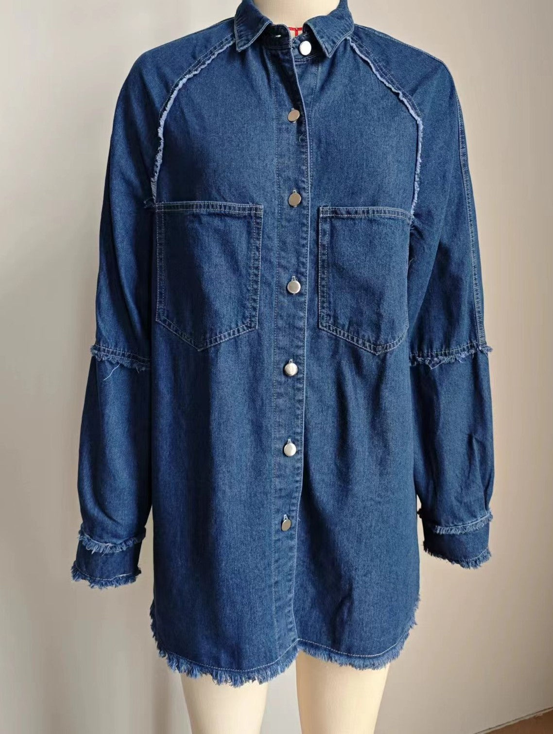 Raw Hem Long Sleeve Denim Shirt Dress - DarkBlue - 3