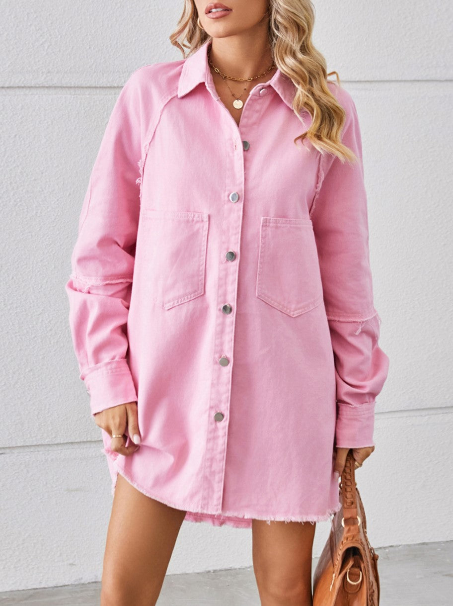 Raw Hem Long Sleeve Denim Shirt Dress - Pink