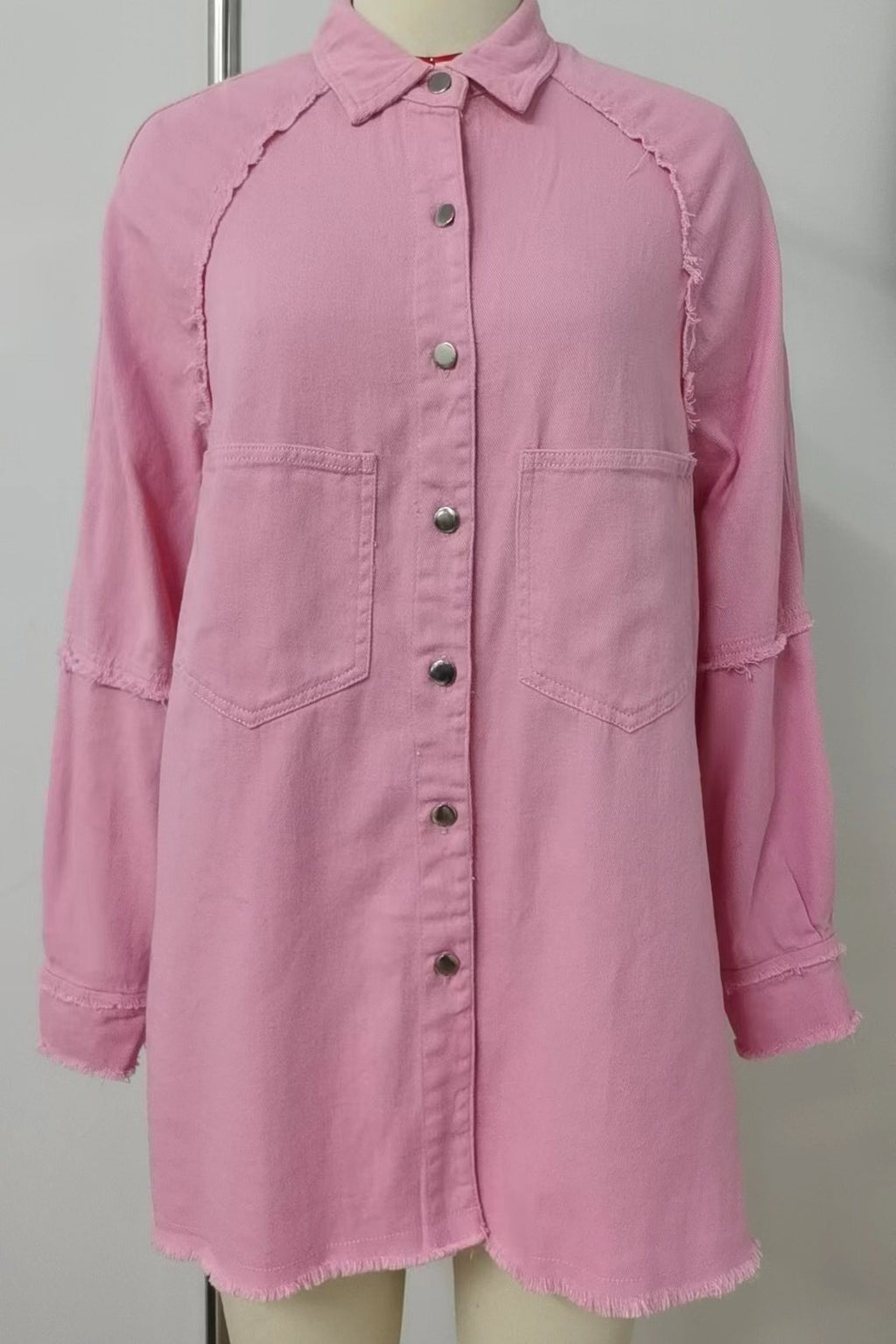 Raw Hem Long Sleeve Denim Shirt Dress - Pink - 3