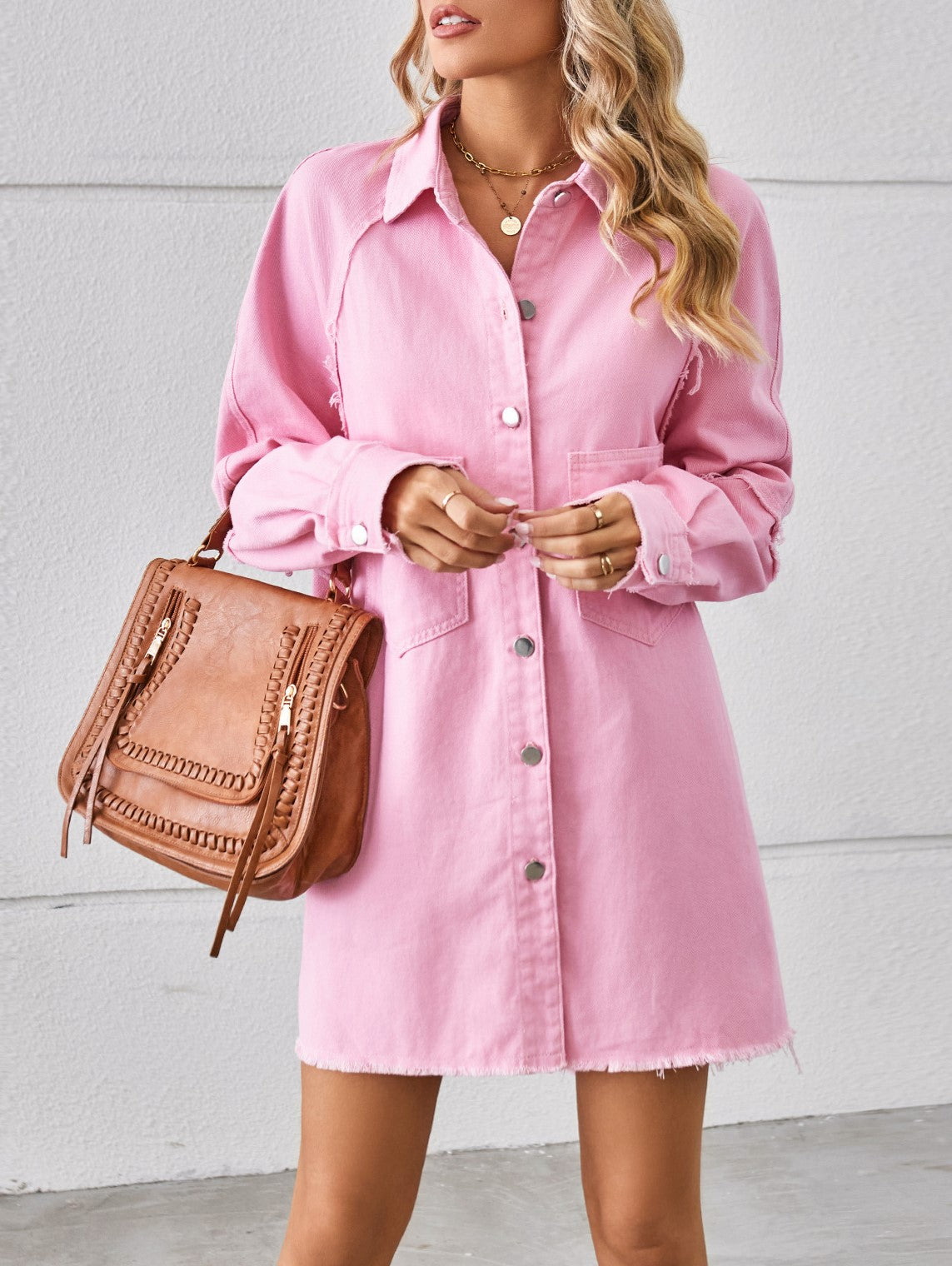 Raw Hem Long Sleeve Denim Shirt Dress