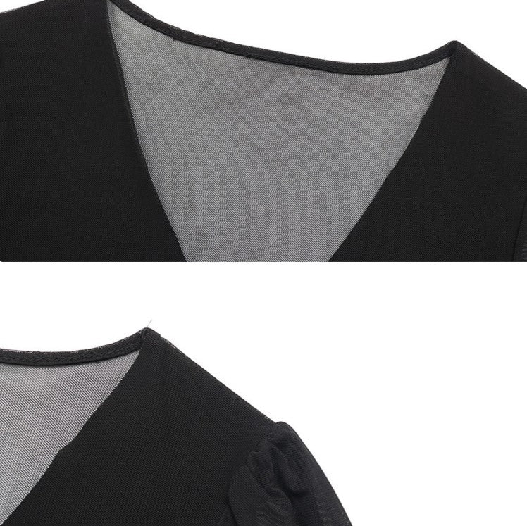 Sheer Sleeve Deep V Neck Bodysuit - Black - 4