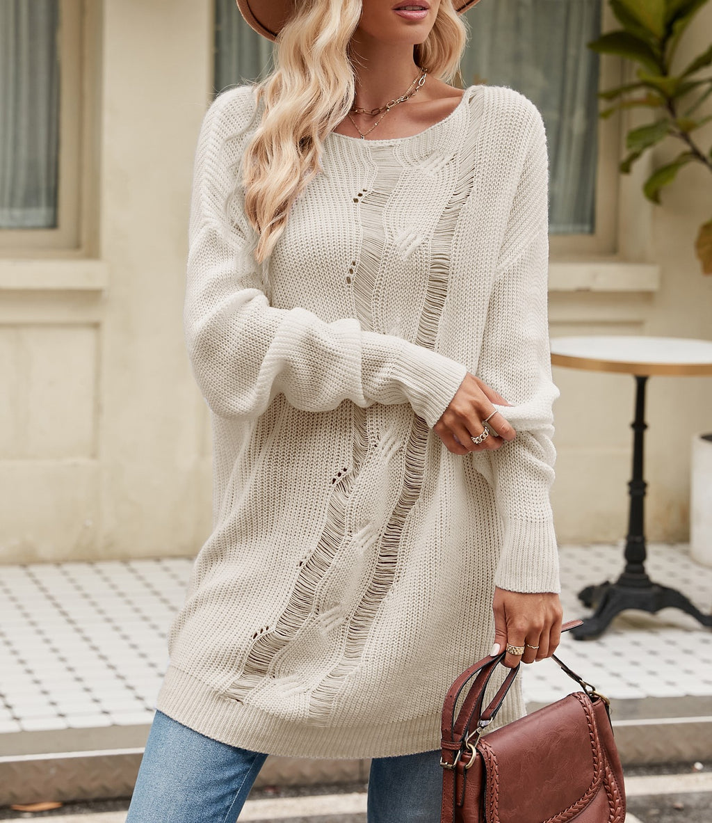 Boat Neck Side Slit Tunic Sweater - Apricot - 1