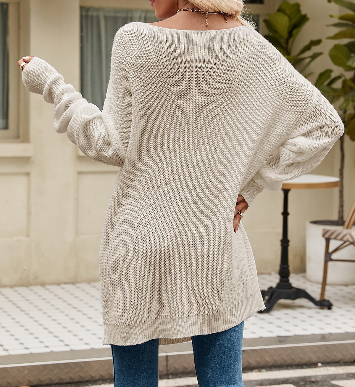 Boat Neck Side Slit Tunic Sweater - Apricot - 2