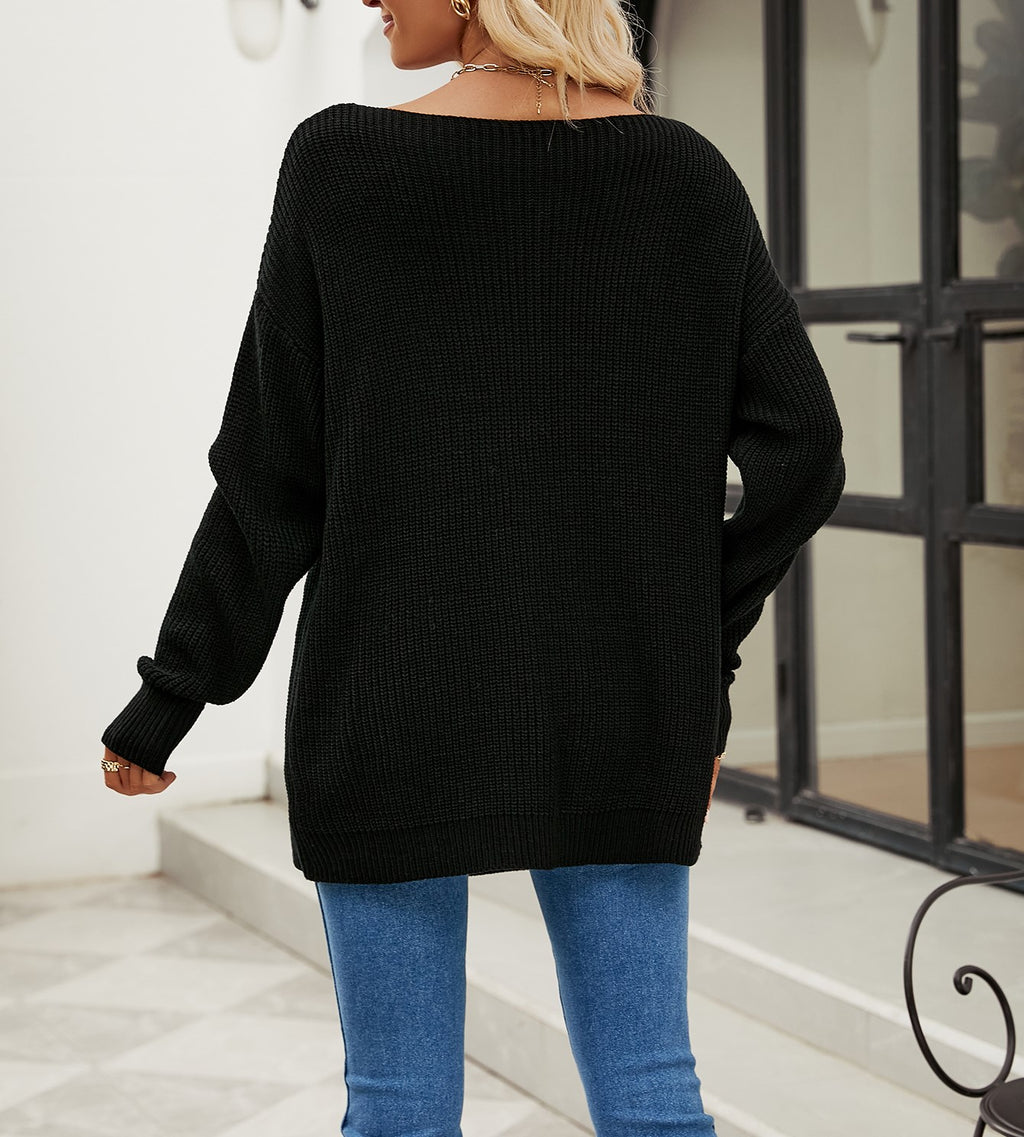 Boat Neck Side Slit Tunic Sweater - Black - 1