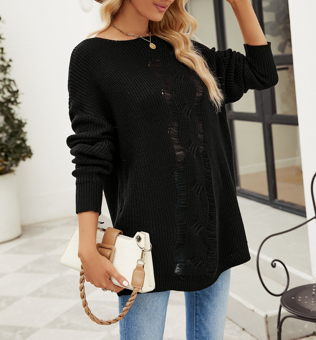 Boat Neck Side Slit Tunic Sweater - Black - 4