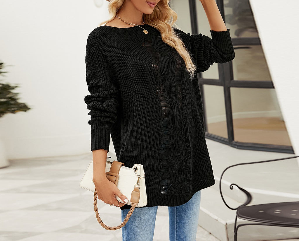 Boat Neck Side Slit Tunic Sweater - Black - 5