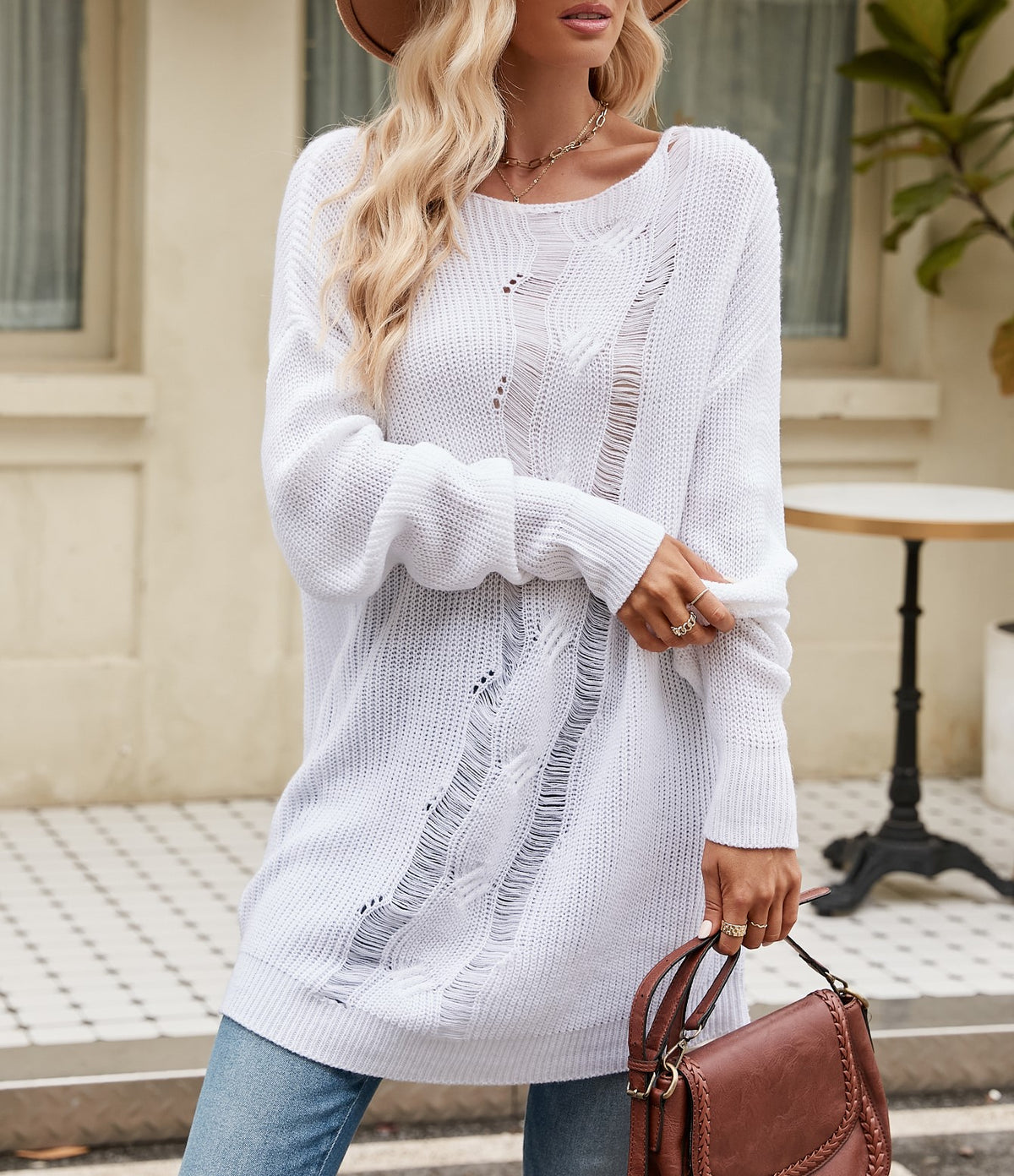 Boat Neck Side Slit Tunic Sweater - White