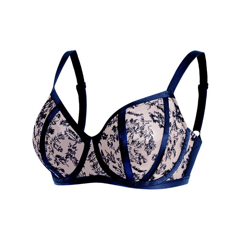 Floral Embroidered Mesh Unlined Underwire Bra - Royal Blue