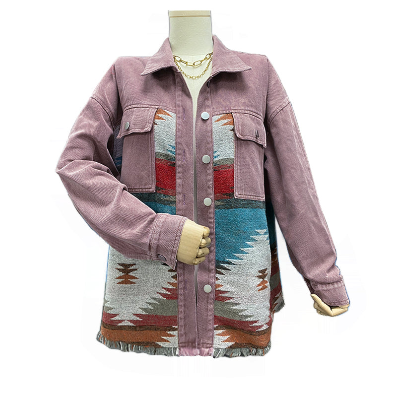 Southwestern Geometric Print Denim Jacket - BrickRed